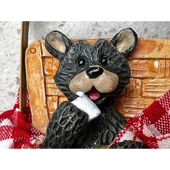 Black Bear In Basket Christmas Ornament With Red Ribbon By KSA Inc. NIB - Picture 3 of 10
